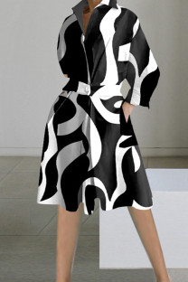Black Elegant Print Patchwork Buttons Turndown Collar A Line Dresses