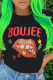 Black Street Print Patchwork O Neck T-Shirts