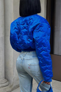 Blue Casual Solid Patchwork Buttons Zipper Mandarin Collar Outerwear