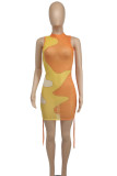 Light Green Sexy Print Patchwork Draw String Mesh Contrast O Neck Sheath Dresses