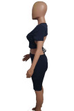 Dark Blue Casual Letter Patchwork Frenulum Backless Capris O Neck Short Sleeve Two Pieces