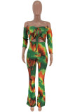 Multi-color Sexy Street Print Bandage Hollowed Out Patchwork Asymmetrical With Bow Off the Shoulder Regular Jumpsuits