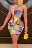 Letter Print Sexy Street Print Hollowed Out Patchwork Backless Halter Printed Dress Dresses