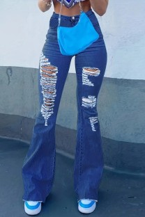Dark Blue Casual Solid Ripped High Waist Boot Cut Denim Jeans