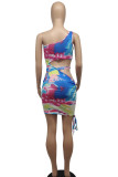 Multi-color Sexy Street Print Hollowed Out Patchwork One Shoulder Printed Dress Dresses