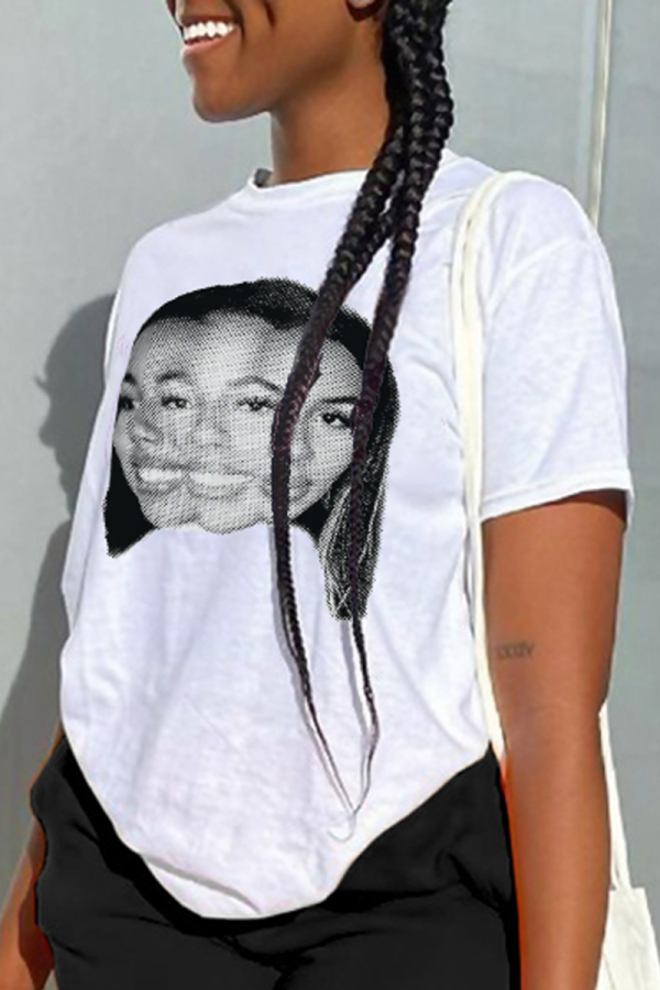 White Casual Daily Print Patchwork O Neck T-Shirts