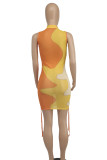 Tangerine Red Sexy Print Patchwork Draw String Mesh Contrast O Neck Sheath Dresses