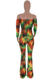Multi-color Sexy Street Print Bandage Hollowed Out Patchwork Asymmetrical With Bow Off the Shoulder Regular Jumpsuits