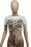 White Street Print Bandage Hollowed Out Patchwork O Neck T-Shirts