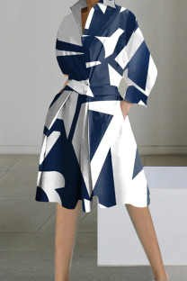 Tibetan Blue Elegant Print Patchwork Buttons Turndown Collar A Line Dresses