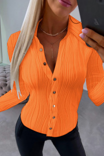 Orange Casual Solid Buttons Turndown Collar Tops