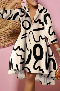 Apricot Casual Print Patchwork V Neck Printed Dress Plus Size Dresses