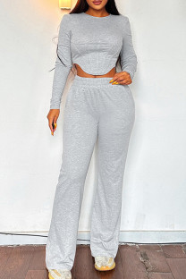 Grey Casual Solid Patchwork O Neck Long Sleeve Two Pieces