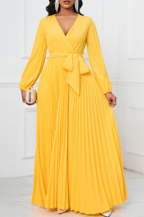 Yellow Elegant Solid Bandage Patchwork Pleated V Neck A Line Dresses