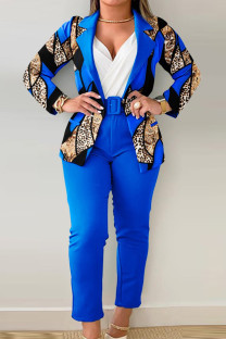 Blue Elegant Print Patchwork With Belt Turn-back Collar Long Sleeve Two Pieces