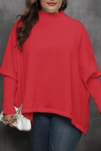 Red Casual Solid Basic Turtleneck Plus Size Tops