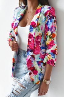 Red Casual Print Patchwork Cardigan Turn-back Collar Outerwear