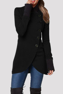 Black Casual Solid Lace Buttons Outerwear