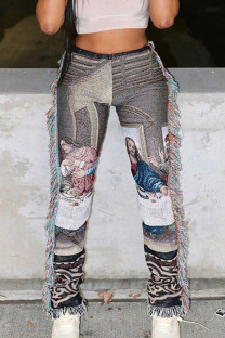 Grey Elegant Print Tassel Patchwork Regular Mid Waist Full Print Bottoms