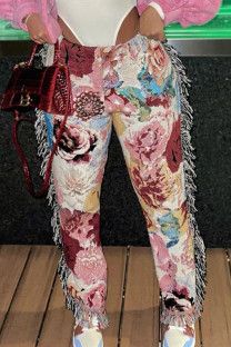 Pink Elegant Print Tassel Patchwork Regular Mid Waist Full Print Bottoms