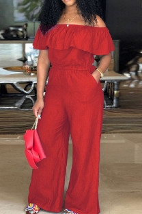 Burgundy Casual Patchwork Off the Shoulder Plus Size Jumpsuits