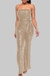 Champagne Street Solid Bandage Sequins Patchwork Strapless Regular Jumpsuits