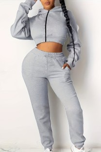 Grey Casual Solid Basic Hooded Collar Plus Size Two Pieces