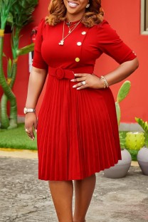 Red Casual Solid Patchwork O Neck Pleated Dresses