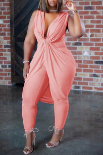 Pink Sexy Casual Solid Patchwork See-through V Neck Plus Size Jumpsuits