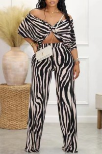 Black And White Casual Striped Print Patchwork V Neck Half Sleeve Two Pieces