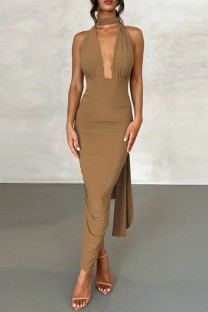 Khaki Sexy Solid Backless Slit Halter Long Dress Dresses