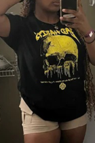 Black Casual Street Print Skull Patchwork O Neck T-Shirts