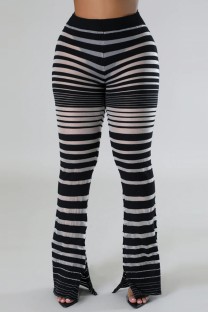 Black Casual Striped Patchwork See-through Skinny High Waist Conventional Patchwork Trousers
