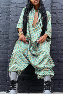 Green Street Print Buttons V Neck Loose Jumpsuits