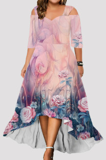 Pink Casual Print Hollowed Out V Neck Long Dress Dresses