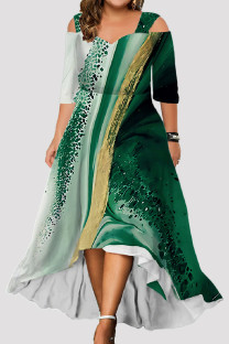 Green Casual Print Hollowed Out V Neck Long Dress Dresses
