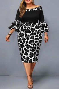 Black White Casual Print Leopard Patchwork Off the Shoulder One Step Skirt Plus Size Dresses