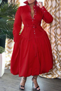 Red Casual Solid With Belt Turndown Collar Long Sleeve Dresses