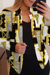 Yellow Black Casual Print Cardigan Outerwear