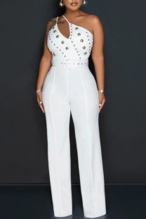 White Sexy Casual Solid Backless With Belt Oblique Collar Skinny Jumpsuits