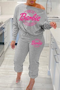 Gray Pink Casual Letter Print Basic Oblique Collar Long Sleeve Two Pieces