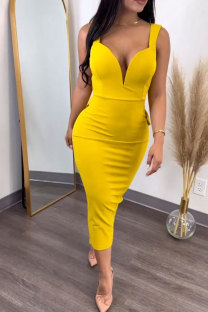 Yellow Casual Sweet Daily Elegant Backless Solid Color With Bow Spaghetti Strap Dresses
