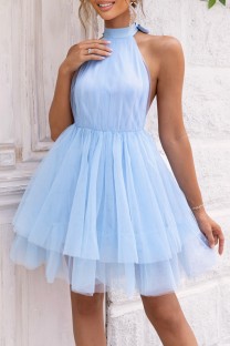 Sky Blue Sexy Casual Solid Bandage Backless Halter Sleeveless Dress Dresses