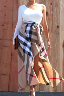 White Sexy Street Plaid Bandage Patchwork Backless High Opening One Shoulder Printed Dress Dresses