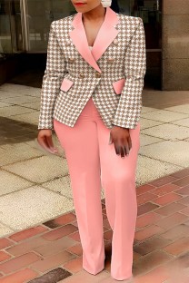 Pink Casual Print Patchwork Turn-back Collar Plus Size Two Pieces