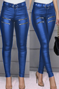 Blue Casual Solid Patchwork Zipper Skinny High Waist Pencil Solid Color Trousers (Without Belt)