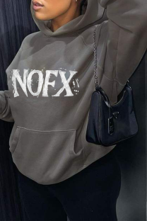Dark Gray Street Print Draw String Hooded Collar Tops
