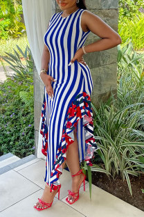 Blue Casual Sweet Daily Simplicity Mixed Printing Striped Printing Contrast O Neck Dresses
