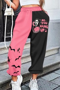 Watermelon Red Casual Print Regular High Waist Conventional Patchwork Trousers