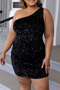 Black Sexy Solid Sequins Patchwork Backless Oblique Collar Sleeveless Plus Size Dress